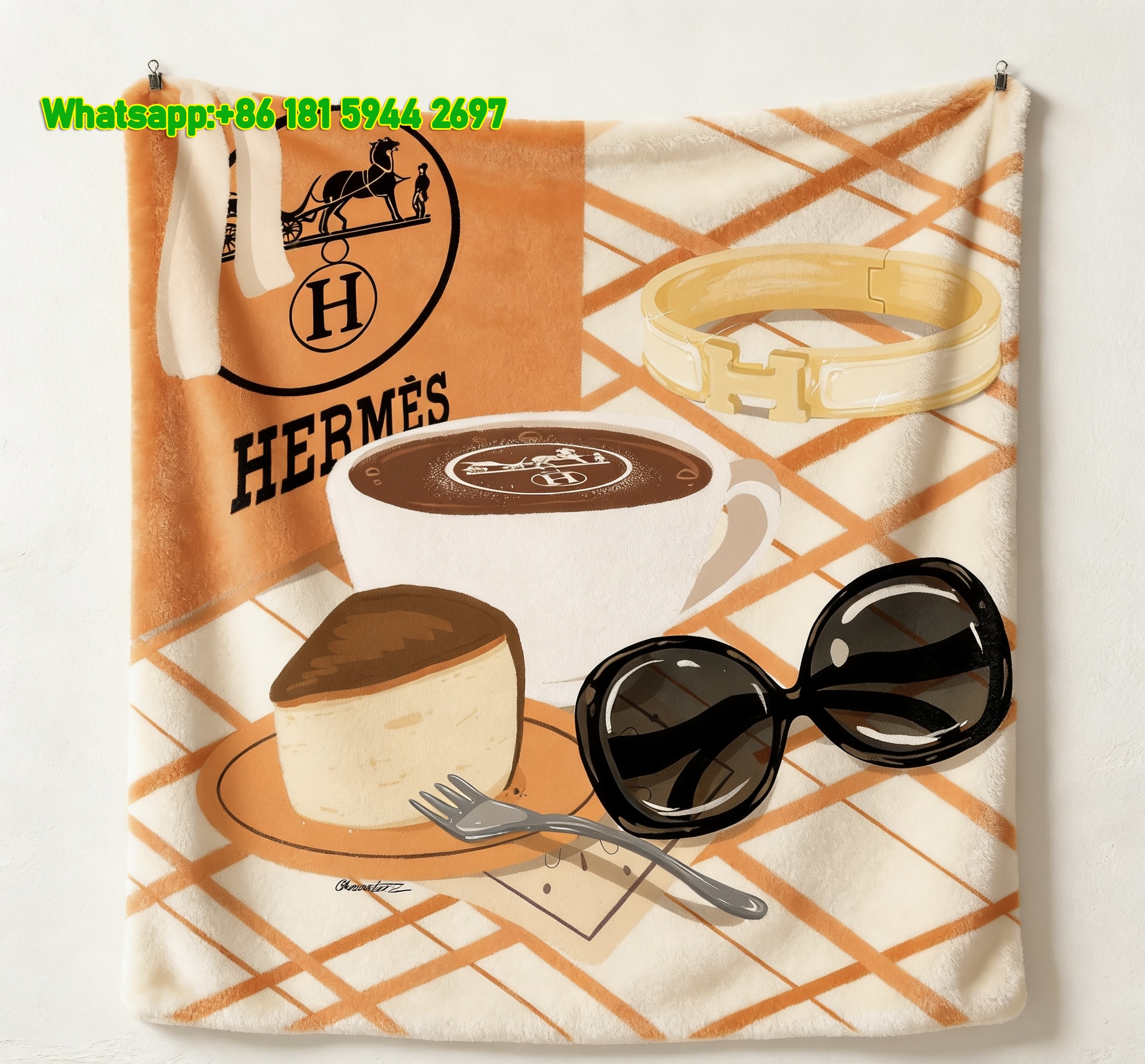 Hermès Inspired Coffee & Cake Print Flannel Blanket Orange Luxury Designer Art Flannel Throw Blanket IMG_5416